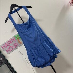 REFORMATION Blue Halter Ruffle Mini Dress